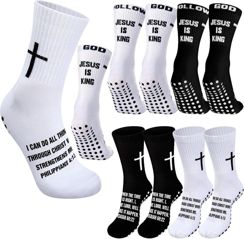 Jamntower 4 Pairs Cross Grip Soccer Socks with Bible Verse Anti Slip Religious Jesus Christian Football Sock with Rubber Dots - Image 1